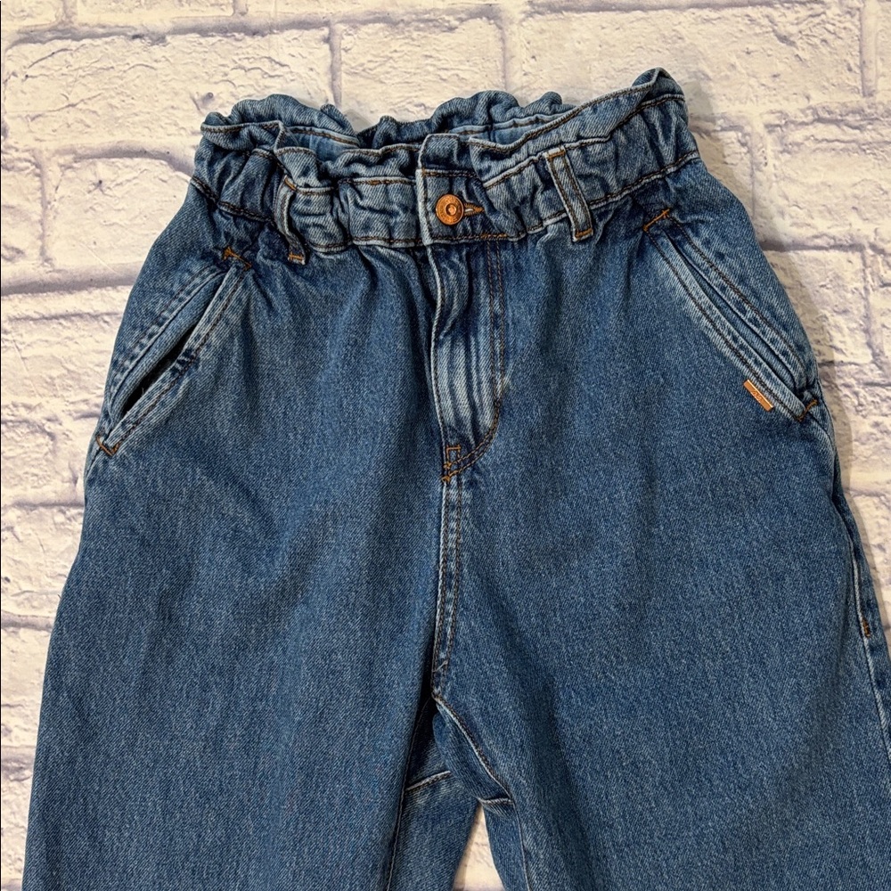 ZARA Baggy Paper Bag Waist High Rise Denim Blue Jeans Size 0 - Picture 2 of 10